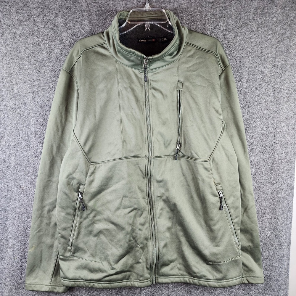 Swiss Tech Jacket Mens XL Softshell Olive Green Fleece Lined Full Zip EUC